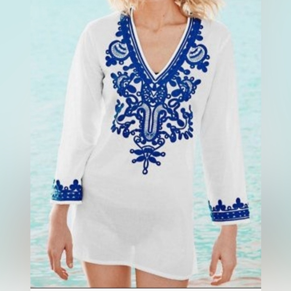 La Blanca White and Blue embroidered Swim Cover-Up